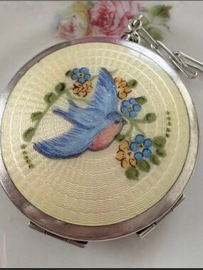 Antique/Vintage R&K Co Sterling Silver & Guilloche Blue Bird Compact